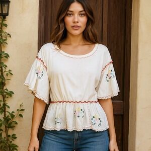 Anthropologie Babydoll Top Womens Small White Embroidered Flutter Sleeve Peplum